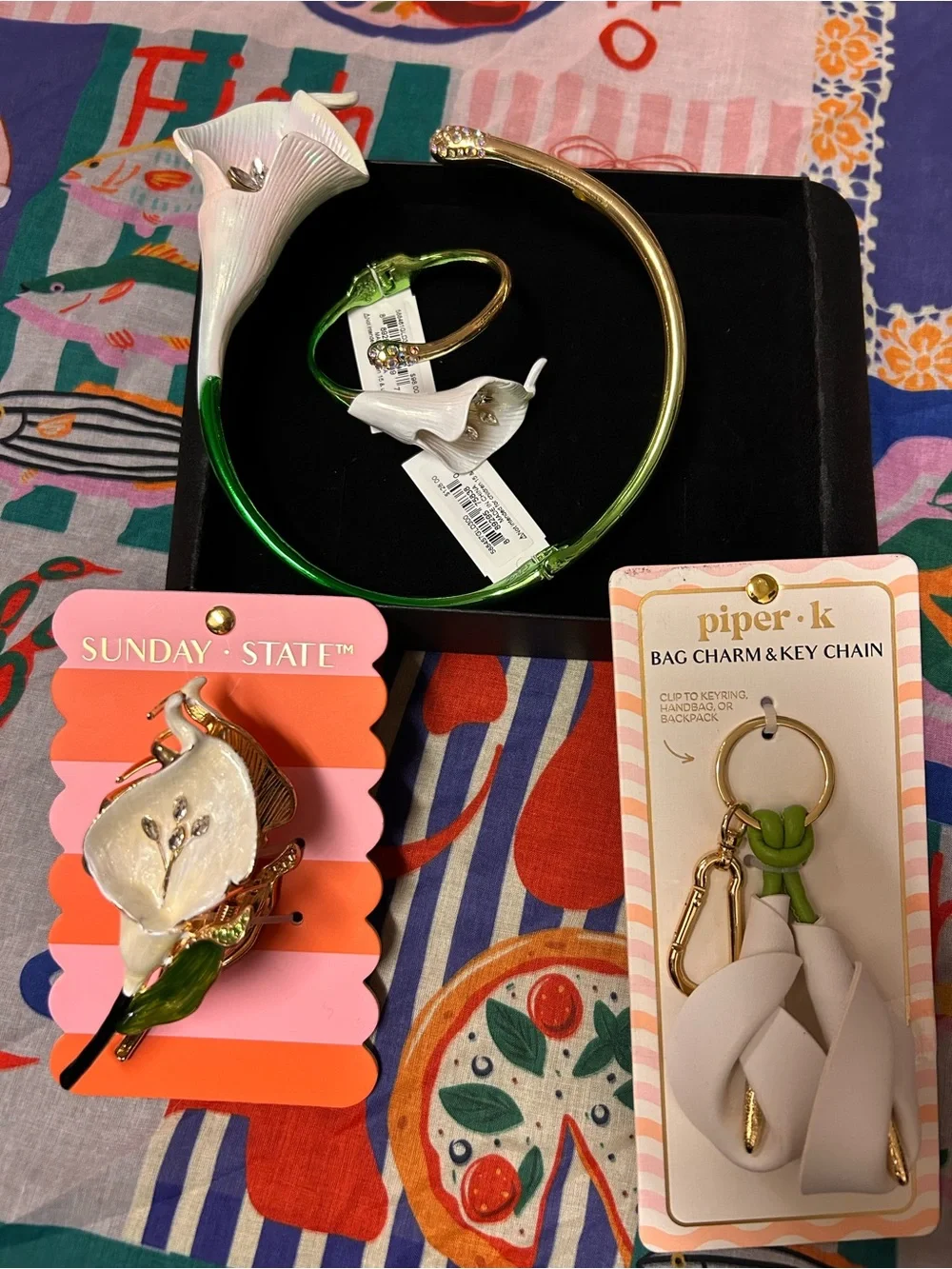NWT Piper K Pearl Rhinestone White Calla Lily Claw Clip with Green Leaf